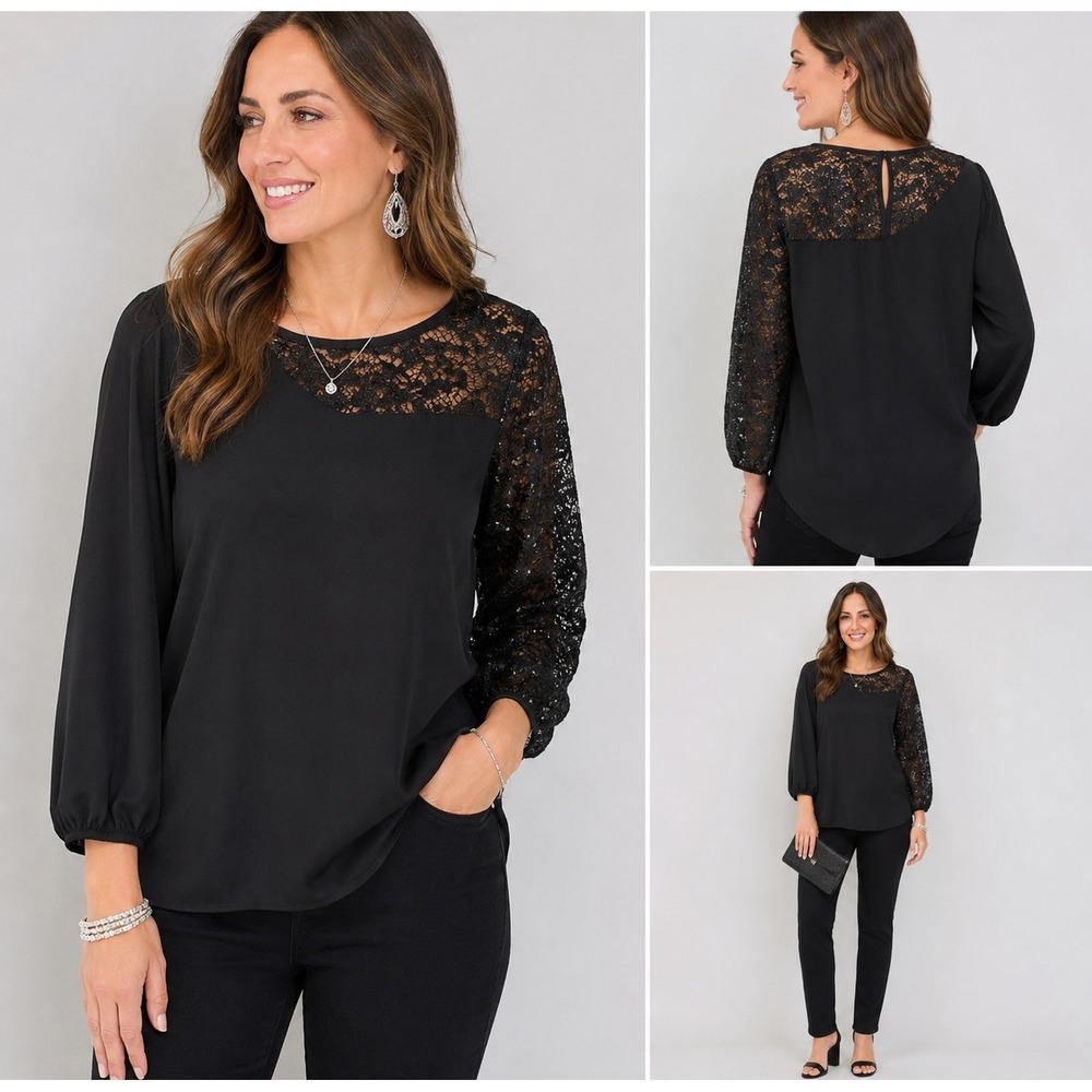 Cato Black Asymmetric Lace Sleeve Top Womens L Sequin Sheer 3/4 Sleeve Blouse